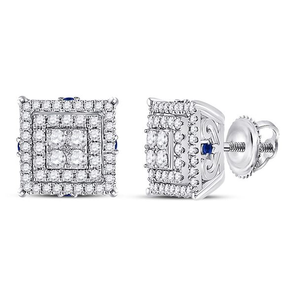 Round Diamond Blue Sapphire Square Earrings 1 Cttw 14KT White Gold