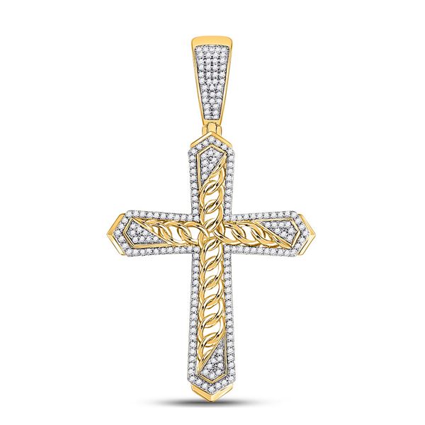 Round Diamond Cuban Link Cross Charm Pendant 1/2 Cttw 10KT Yellow Gold