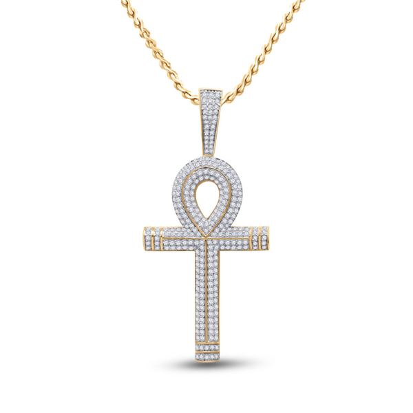 Round Diamond Ankh Cross Charm Pendant 2-1/5 Cttw 10KT Yellow Gold