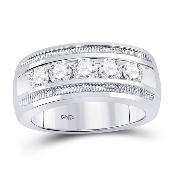 Round Diamond Single Row 5-Stone Wedding Band Ring 1-1/2 Cttw 14KT White Gold