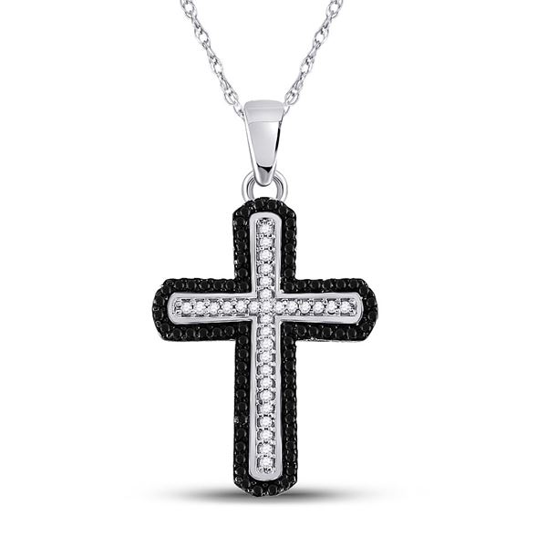 Round Black Color Enhanced Diamond Cross Pendant 1/5 Cttw 10KT White Gold