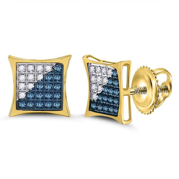 Round Blue Color Enhanced Diamond Square Kite Cluster Earrings 1/6 Cttw 10KT Yellow Gold