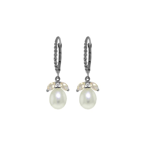 Genuine 9 ctw White Topaz & Pearl Earrings 14KT White Gold - REF-39N3R