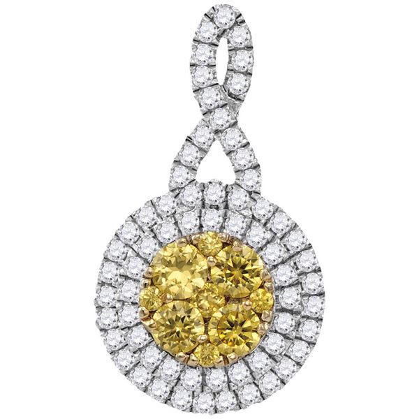 Round Yellow Diamond Concentric Circle Frame Cluster Pendant 1 Cttw 14KT White Gold