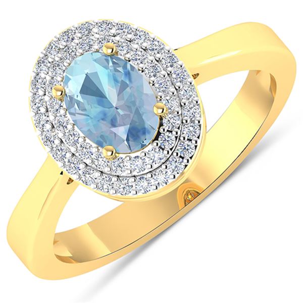 Natural 0.76 CTW Aquamarine & Diamond Ring 14K Yellow Gold - REF-36T9H