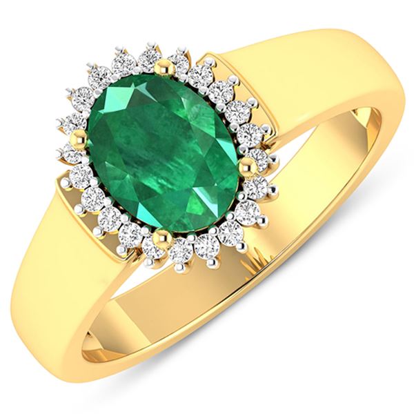 Natural 2.3 CTW Zambian Emerald & Diamond Ring 14K Yellow Gold - REF-51K6W