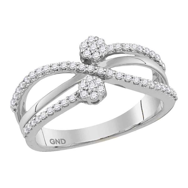 Round Diamond Flower Cluster Crossover Band Ring 1/3 Cttw 10KT White Gold