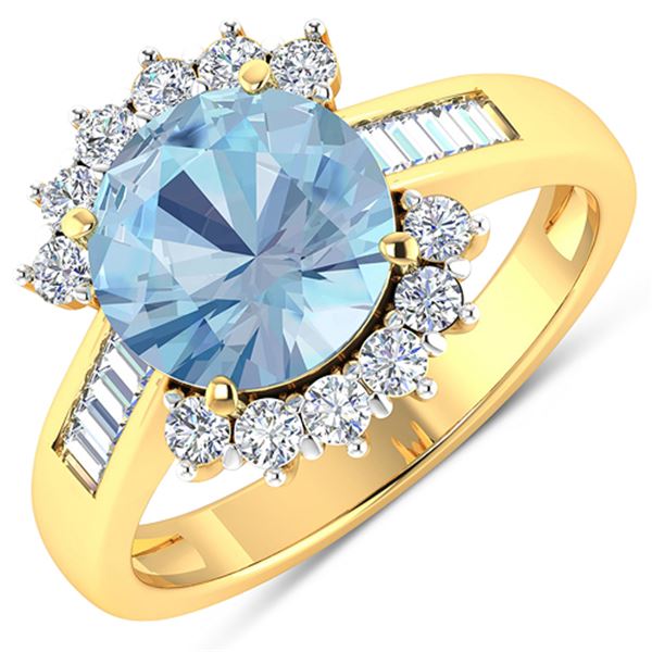 Natural 3.48 CTW Aquamarine & Diamond Ring 14K Yellow Gold - REF-108F7N