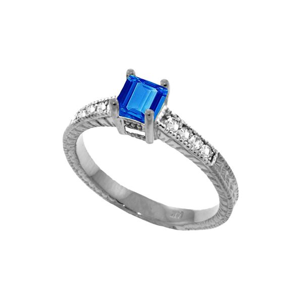 Genuine 0.65 ctw Blue Topaz & Diamond Ring 14KT White Gold - REF-69Z6N