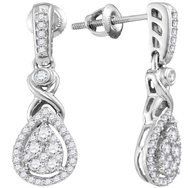 Round Diamond Teardrop Cluster Dangle Earrings 1/2 Cttw 10KT White Gold