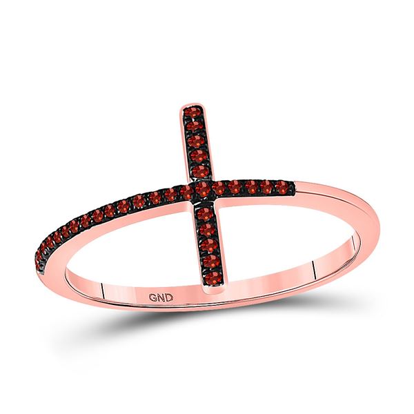 Round Red Color Enhanced Diamond Cross Religious Band Ring 1/10 Cttw 10KT Rose Gold