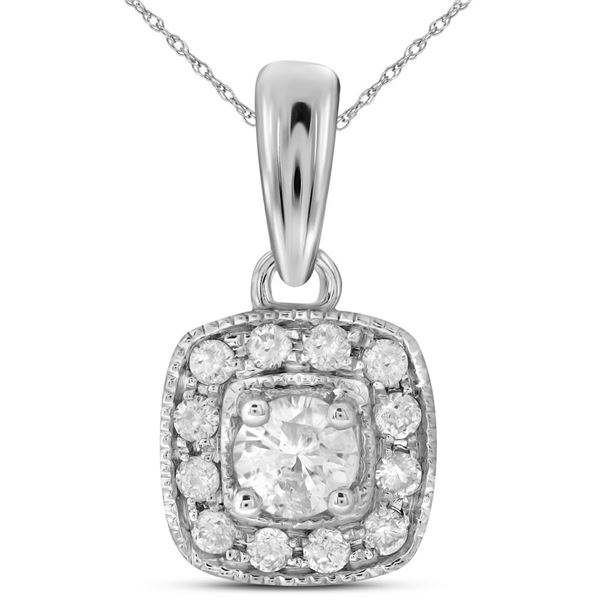 Round Diamond Solitaire Square Halo Pendant 1/4 Cttw 14KT White Gold