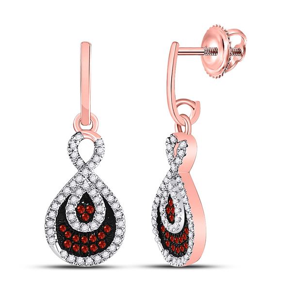 Round Red Color Enhanced Diamond Teardrop Dangle Earrings 3/8 Cttw 10KT Rose Gold
