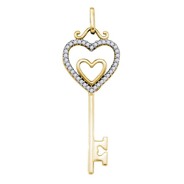 Round Diamond Heart Key Pendant 1/10 Cttw 10KT Yellow Gold