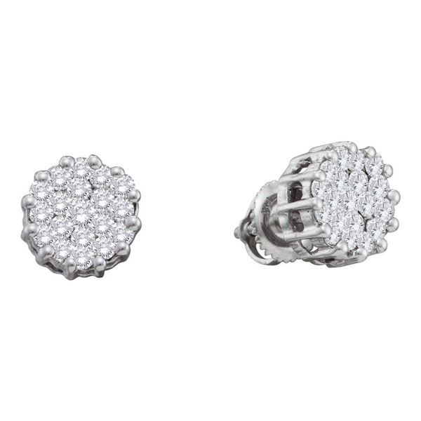 Round Diamond Flower Cluster Earrings 1 Cttw 14KT White Gold