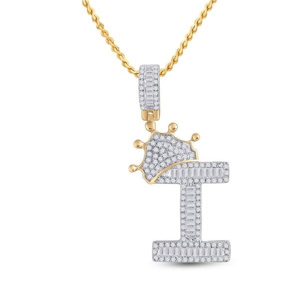Baguette Diamond Crown I Letter Charm Pendant 5/8 Cttw 10KT Yellow Gold