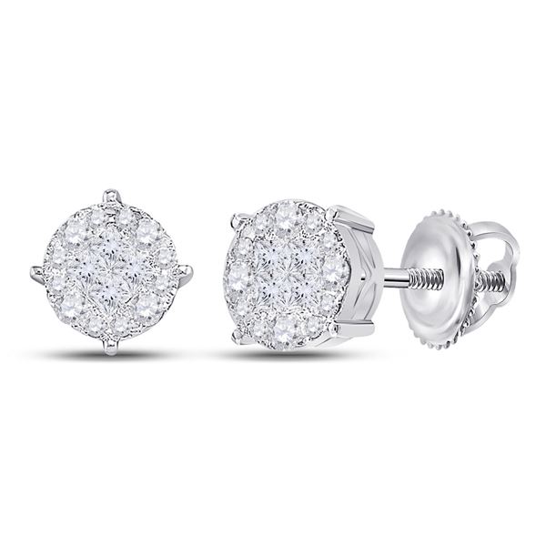 Princess Round Diamond Cluster Earrings 1 Cttw 14KT White Gold
