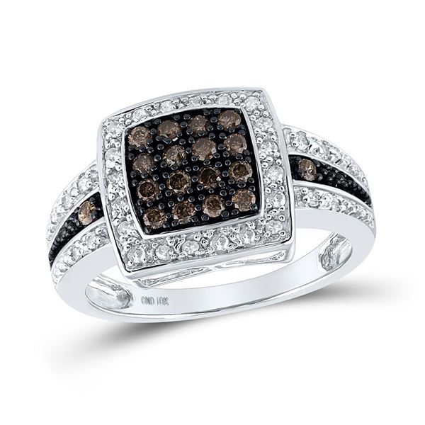 Round Brown Diamond Square Cluster Ring 1/2 Cttw 10KT White Gold