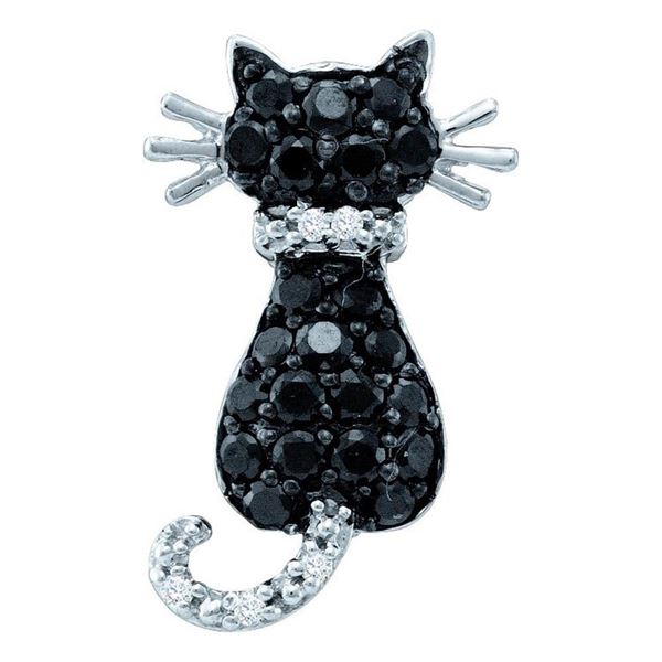 Round Black Color Enhanced Diamond Cat Pendant 1/3 Cttw 14KT White Gold