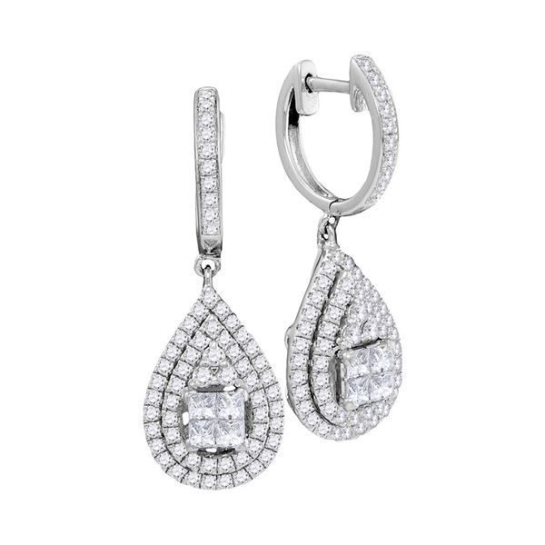 Princess Round Diamond Teardrop Frame Cluster Earrings 1 Cttw 14KT White Gold