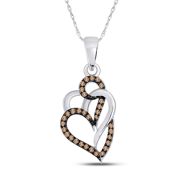 Round Brown Diamond Triple Heart Pendant 1/4 Cttw 10KT White Gold