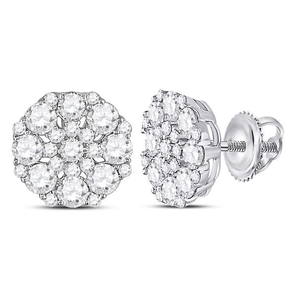 Round Diamond Octagon Cluster Earrings 1-1/2 Cttw 14KT White Gold