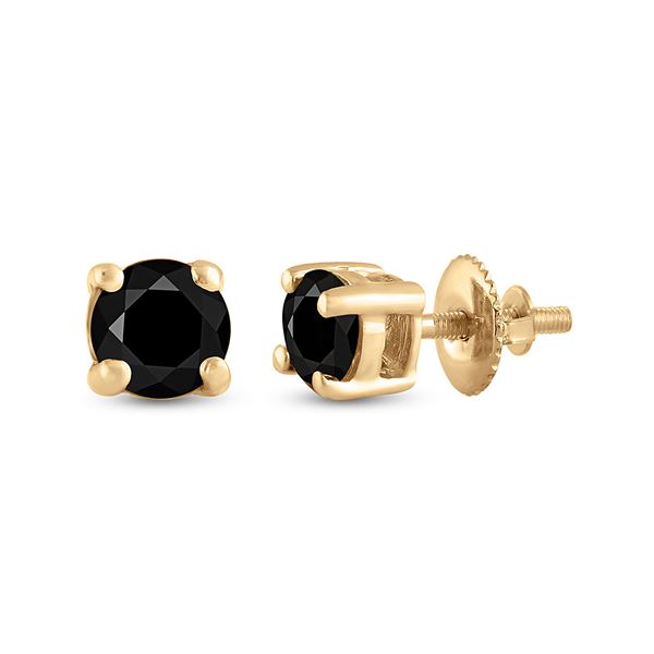 Round Black Color Enhanced Diamond Solitaire Earrings 3/4 Cttw 10KT Yellow Gold