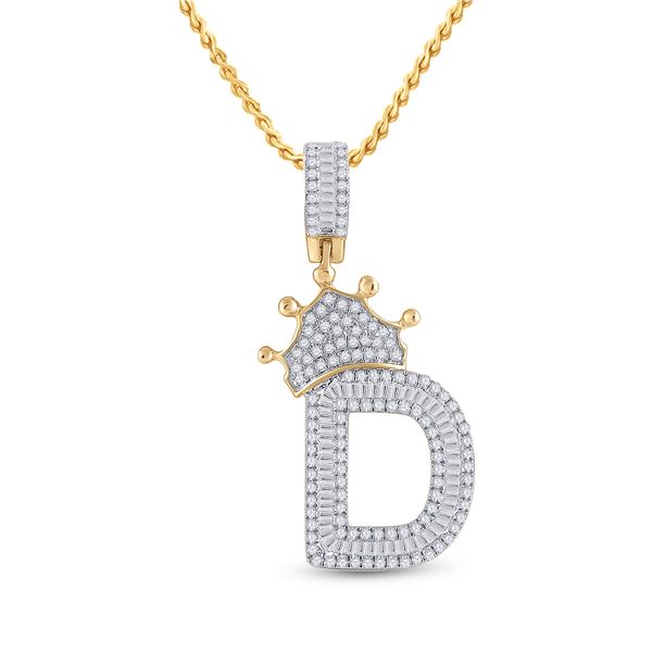 Baguette Diamond Crown D Letter Charm Pendant 3/4 Cttw 10KT Yellow Gold