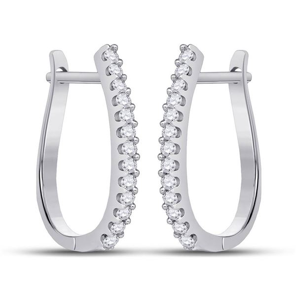 Round Pave-set Diamond Oblong Hoop Earrings 1/4 Cttw 10KT White Gold