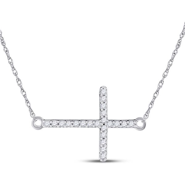 Round Diamond Horizontal Cross Necklace 1/20 Cttw 10KT White Gold