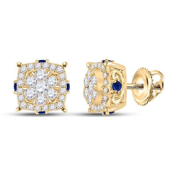 Round Diamond Blue Sapphire Cluster Earrings 5/8 Cttw 14KT Yellow Gold
