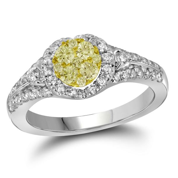 Round Yellow Diamond Circle Cluster Ring 3/4 Cttw 14KT White Gold