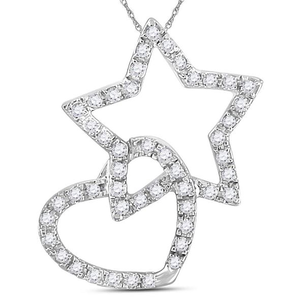 Round Diamond Linked Star Heart Pendant 1/8 Cttw 14KT White Gold
