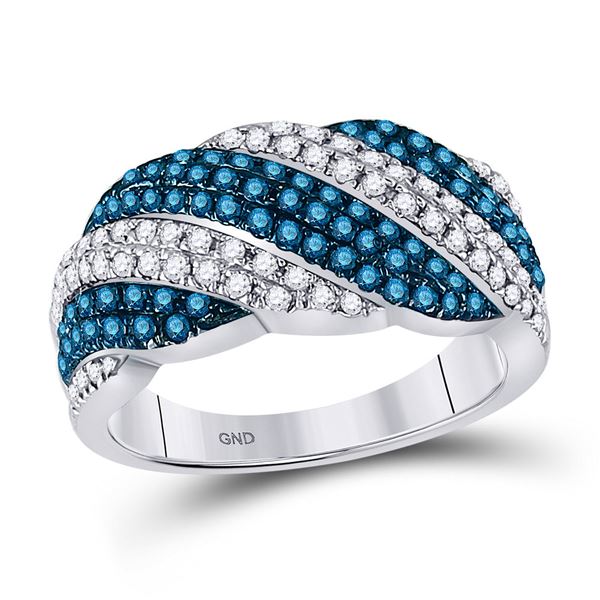 Round Blue Color Enhanced Diamond Striped Band Ring 7/8 Cttw 10KT White Gold