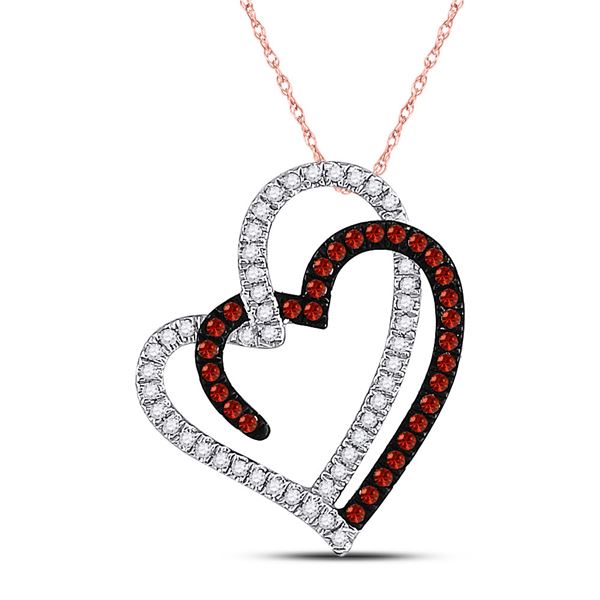 Round Red Color Enhanced Diamond Double Heart Pendant 1/5 Cttw 10KT Rose Gold