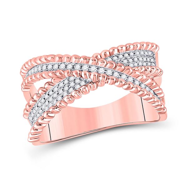 Round Diamond Beaded Crossover Band Ring 1/3 Cttw 14KT Rose Gold
