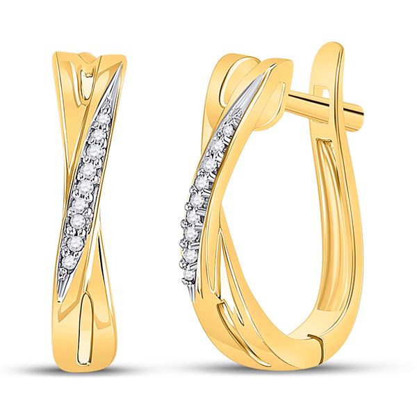 Round Diamond Slender Crossover Hoop Earrings 1/20 Cttw 10KT Yellow Gold
