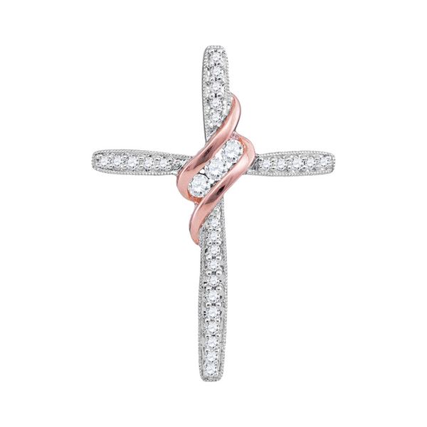 Round 3-Stone Diamond Rose-tone Cross Pendant 1/5 Cttw 10KT Two-tone Gold