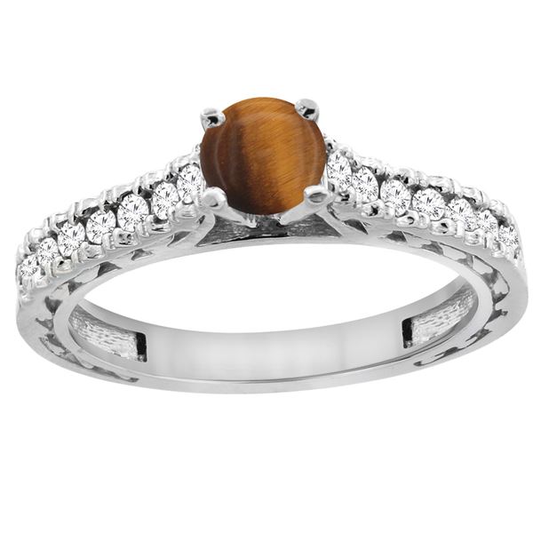 0.90 CTW Tiger Eye & Diamond Ring 14K White Gold - REF-62K5W