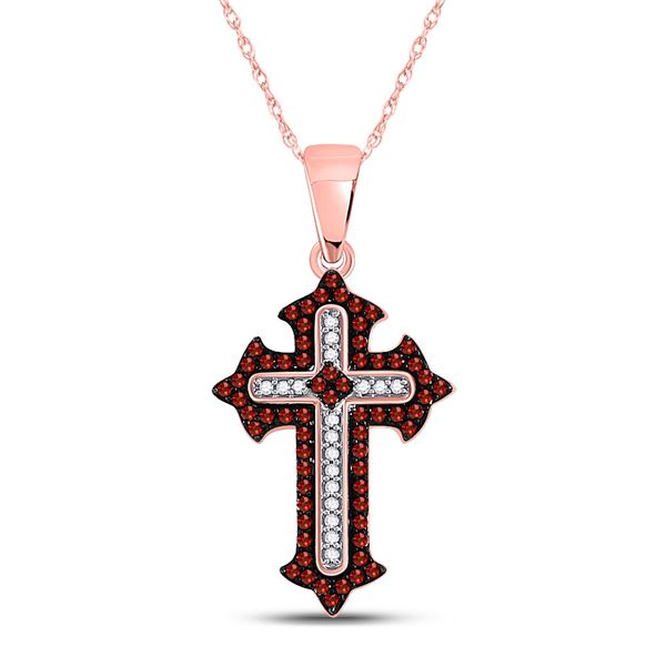 Round Red Color Enhanced Diamond Gothic Cross Pendant 1/5 Cttw 10KT Rose Gold