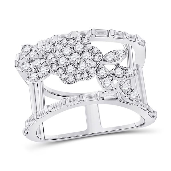 Baguette Diamond Flower Anniversary Ring 1 Cttw 14KT White Gold