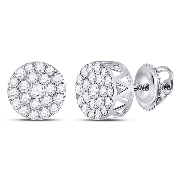 Round Diamond Circle Frame Cluster Earrings 1 Cttw 14KT White Gold