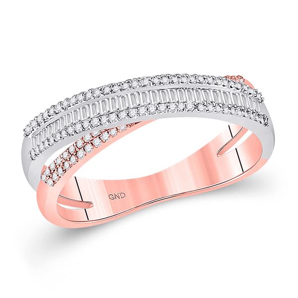 Round Diamond Crossover Baguette Fashion Ring 3/8 Cttw 14KT Two-tone Gold