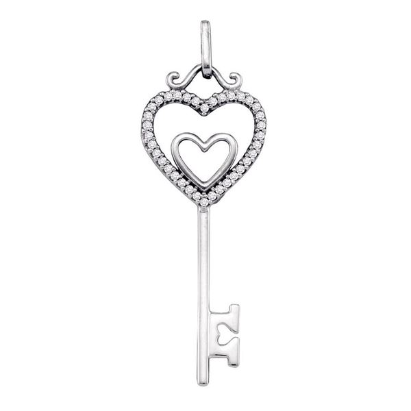 Round Diamond Heart Key Pendant 1/10 Cttw 10KT White Gold