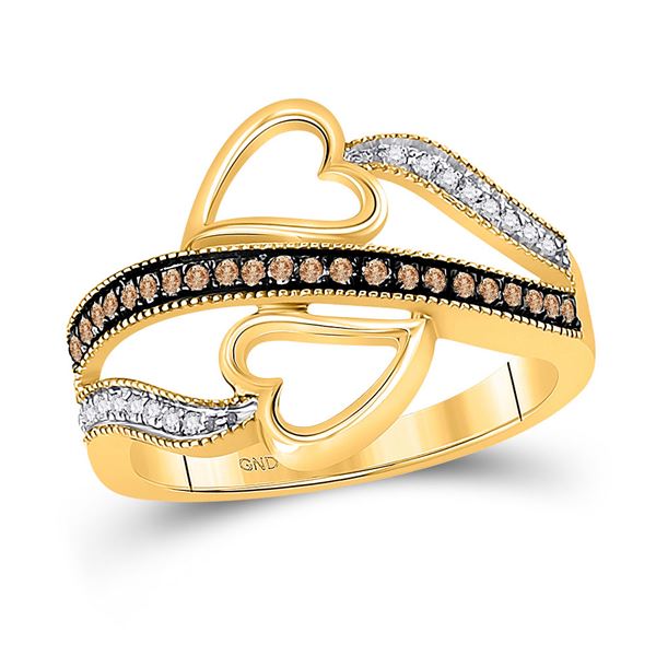 Round Brown Diamond Heart Crossover Ring 1/5 Cttw 10KT Yellow Gold