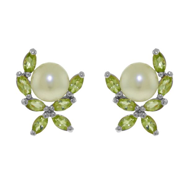 Genuine 3.25 ctw Pearl & Peridot Earrings 14KT White Gold - REF-30R2P