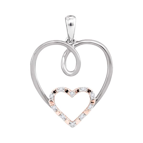 Diamond Rose-tone Double Nested Heart Pendant 1/20 Cttw 10kt White Gold