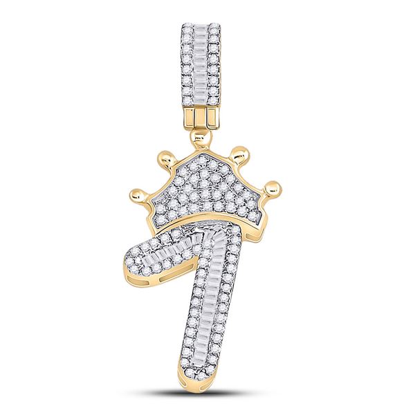 Mens Baguette Diamond Number 1 Crown Charm Pendant 1/2 Cttw 10kt Yellow Gold