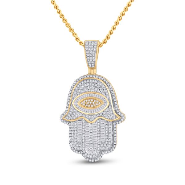 Mens Baguette Diamond Eye Fatima Hamsa Charm Pendant 1-1/2 Cttw 14kt Yellow Gold