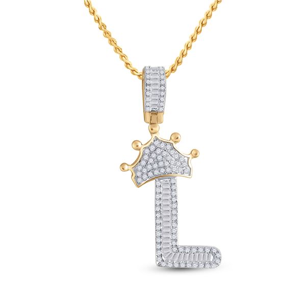 Mens Baguette Diamond Crown L Letter Charm Pendant 1/2 Cttw 10kt Yellow Gold